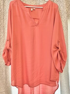 Womens Salmon Colored V-Neck Long Sleeve Blouse